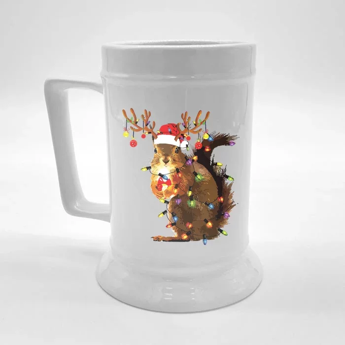 Funny Squirrel Christmas Tree Lights Reindeer Santa Hat Xmas Front & Back Beer Stein