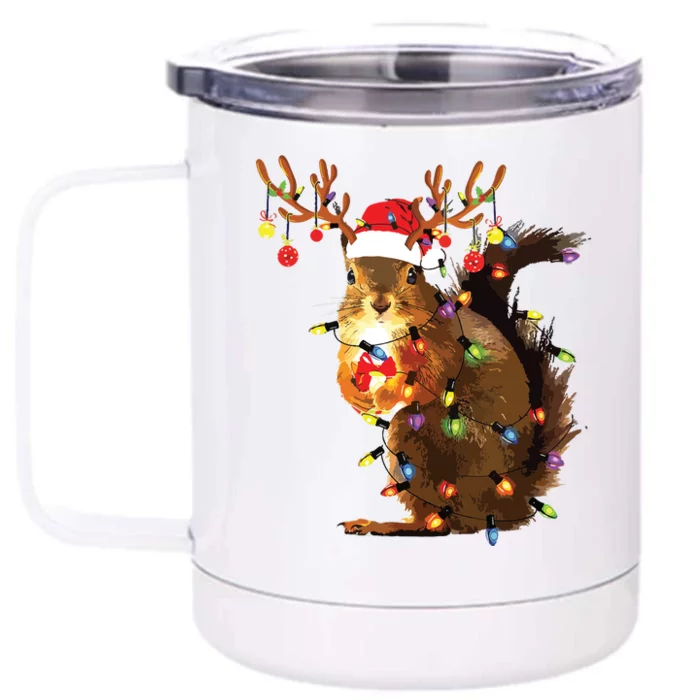 Funny Squirrel Christmas Tree Lights Reindeer Santa Hat Xmas Front & Back 12oz Stainless Steel Tumbler Cup