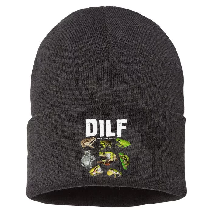 Funny Saying DILF Damn I Love Frogs Animals Sustainable Knit Beanie