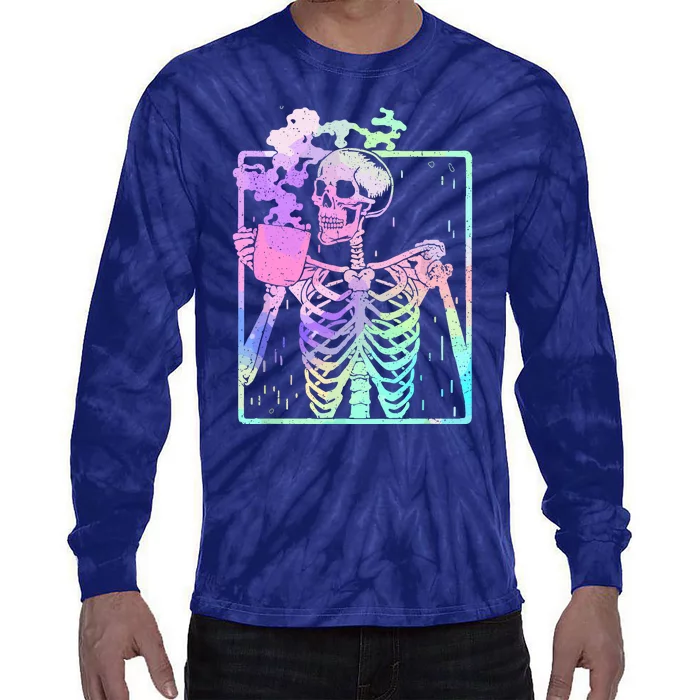 Funny Skeleton Drinking Coffee Cute Halloween Gift Tie-Dye Long Sleeve Shirt