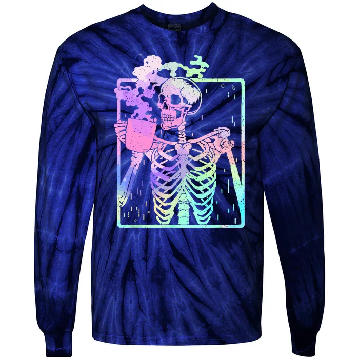 Funny Skeleton Drinking Coffee Cute Halloween Gift Tie-Dye Long Sleeve Shirt