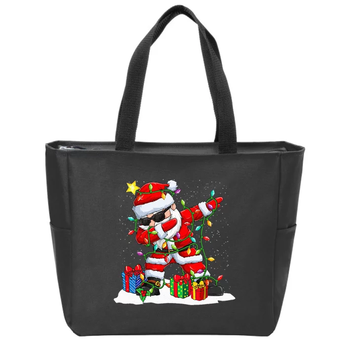 Festive Santa Dabbing Christmas Tree Light Holiday Presents Zip Tote Bag