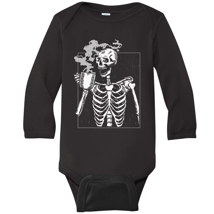 Funny Skeleton Drinking Coffee Caffeine Lover Coffee Brewer Baby Long Sleeve Bodysuit