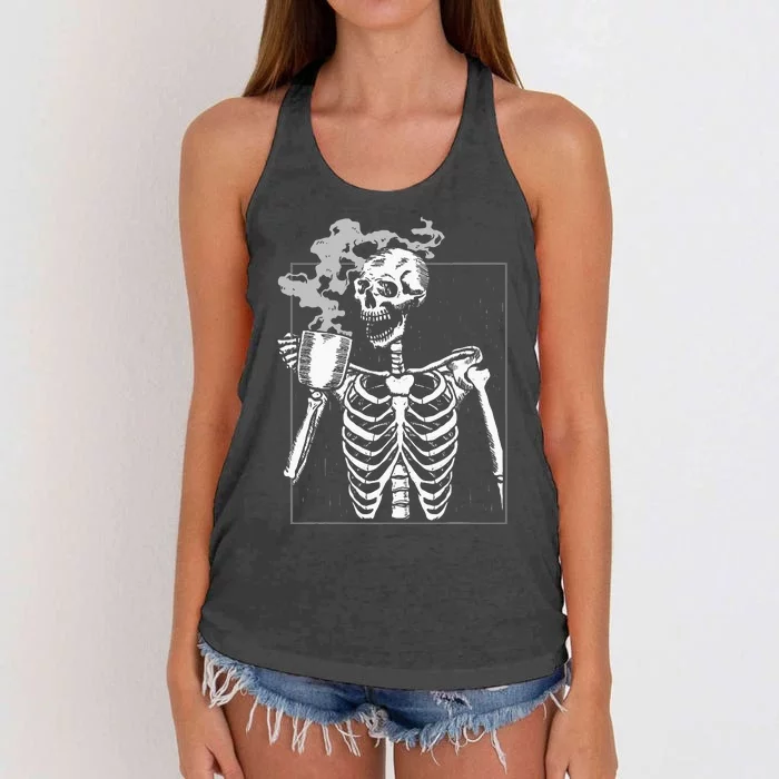 Funny Skeleton Drinking Coffee Caffeine Lover Coffee Brewer Women's Knotted Racerback Tank