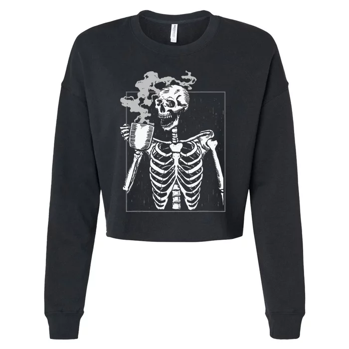 Funny Skeleton Drinking Coffee Caffeine Lover Coffee Brewer Cropped Pullover Crew