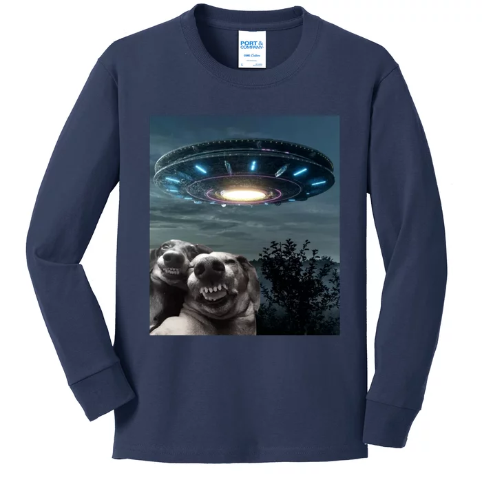 Funny Selfie Dog With Alien UFO Funny Dogs Lover Kids Long Sleeve Shirt