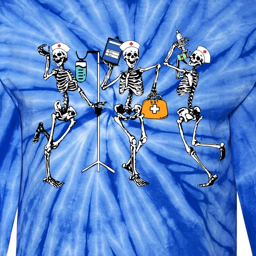 Funny Skeleton Dancing Nurse Halloween Healthcare Crew Gift Tie-Dye Long Sleeve Shirt