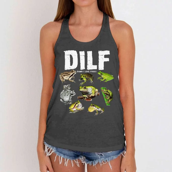 Funny Saying DILF Damn I Love Frogs Animals Women's Knotted Racerback Tank