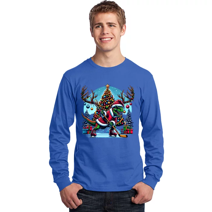 Funny Santa Dinosaur Playing Hockey Gift Long Sleeve Shirt