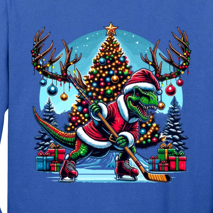 Funny Santa Dinosaur Playing Hockey Gift Long Sleeve Shirt