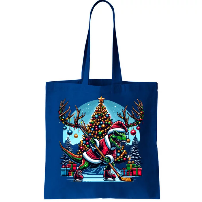 Funny Santa Dinosaur Playing Hockey Gift Tote Bag