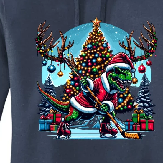 Funny Santa Dinosaur Playing Hockey Gift Women's Pullover Hoodie