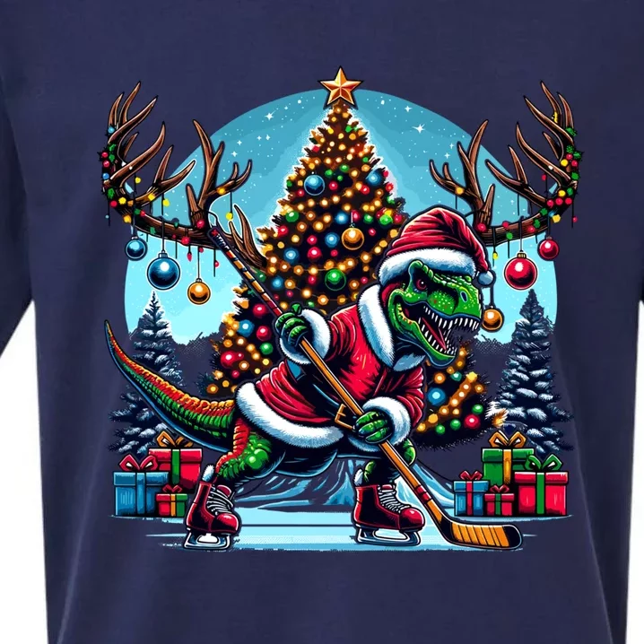 Funny Santa Dinosaur Playing Hockey Gift Sueded Cloud Jersey T-Shirt