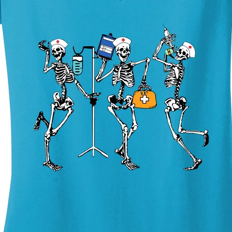 Funny Skeleton Dancing Nurse Halloween Healthcare Crew Cool Gift Women's V-Neck T-Shirt