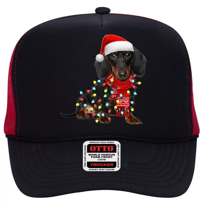 Funny Santa Dachshund Christmas Tree Lights Xmas Dog Mom Funny Gift High Crown Mesh Trucker Hat