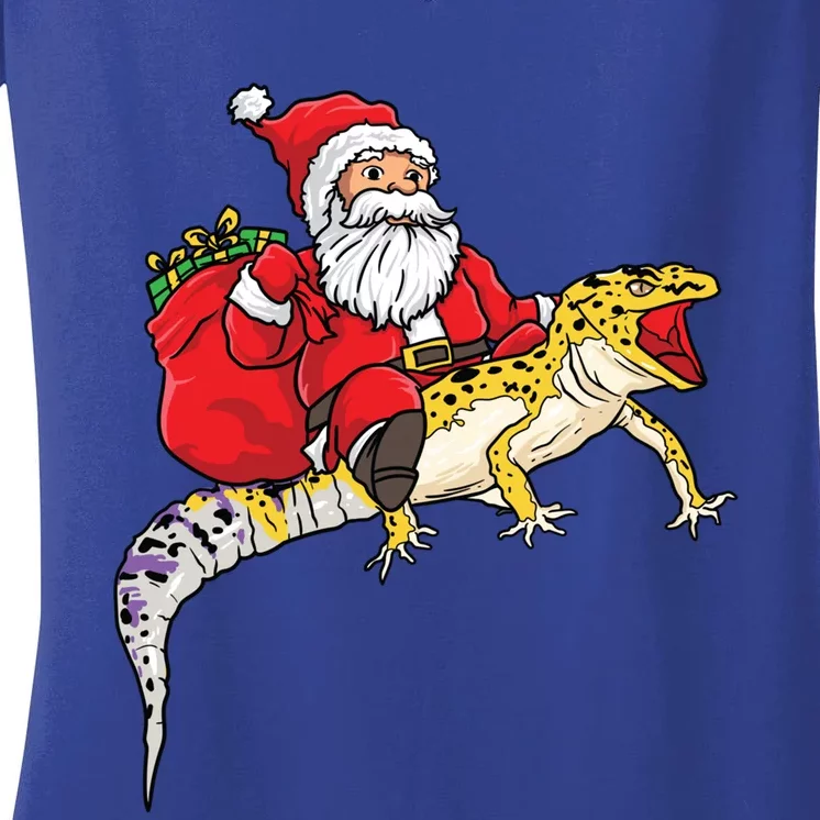 Fun Santa Delivering Presents On Leopard Gecko Lizard Gift Women's V-Neck T-Shirt