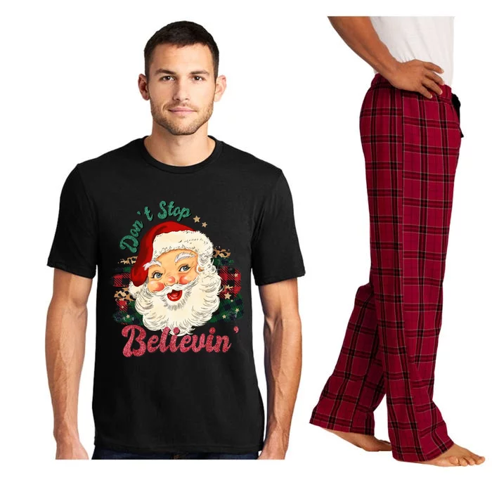 Funny Santa Dont Stop Believing Buffalo Plaid Xmas Gift Pajama Set