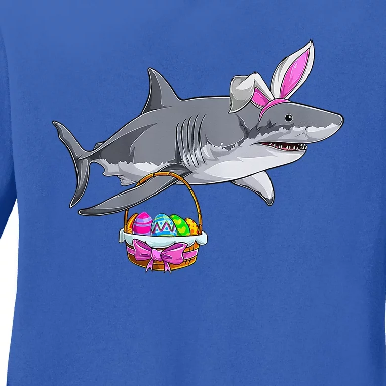 Funny Shark Egg Hunt Happy Easter Day Ladies Long Sleeve Shirt