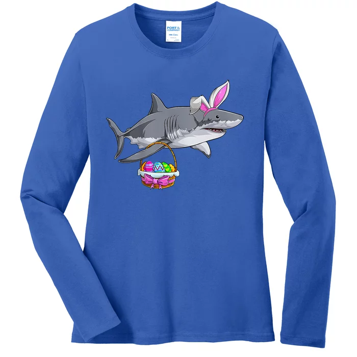 Funny Shark Egg Hunt Happy Easter Day Ladies Long Sleeve Shirt