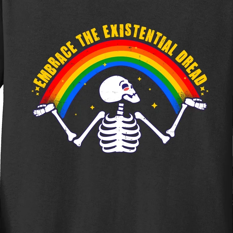 Funny Skeleton Embrace The Existential Dread Kids Long Sleeve Shirt