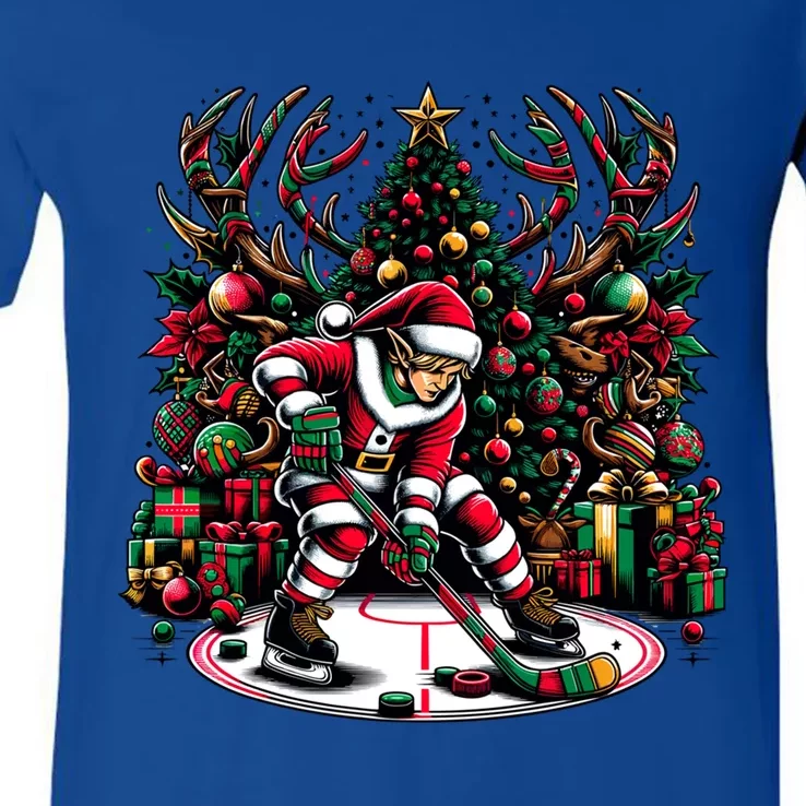 Funny Santa Elf Playing Hockey Christmas Funny Gift V-Neck T-Shirt