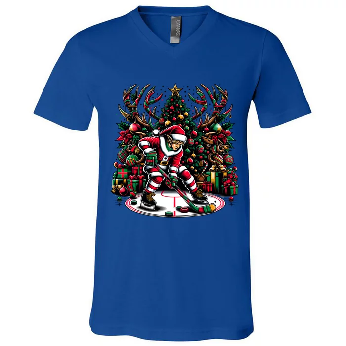 Funny Santa Elf Playing Hockey Christmas Funny Gift V-Neck T-Shirt