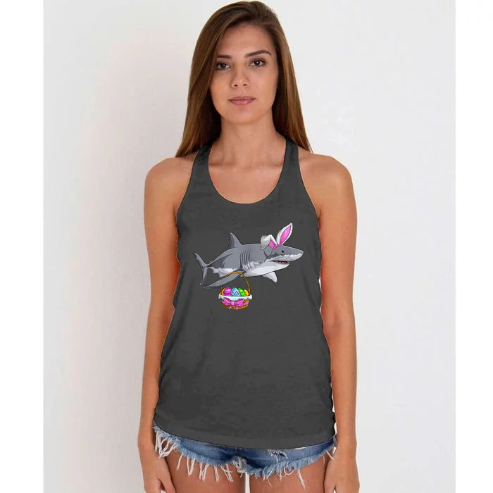 Funny Shark Egg Hunt Happy Easter Day Basket Cute Bunny Ears Women's Knotted Racerback Tank