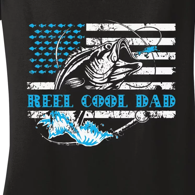 Fishing Stuff For Fathers Day Reel Cool Dad American Flag Women's V-Neck T-Shirt