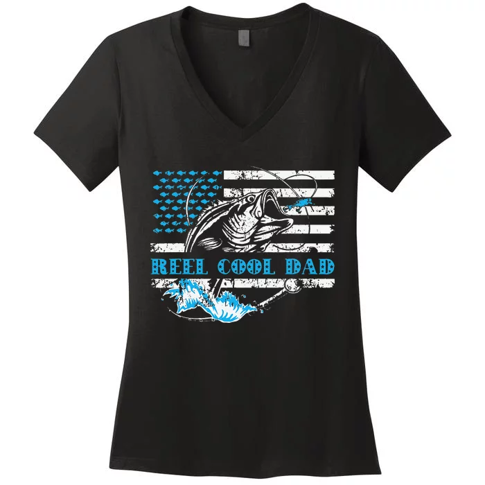 Fishing Stuff For Fathers Day Reel Cool Dad American Flag Women's V-Neck T-Shirt