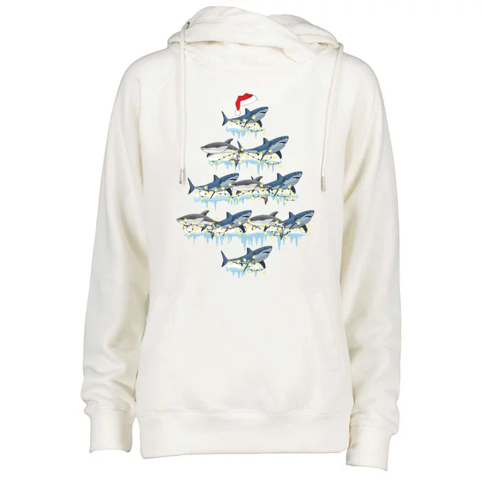 Funny Shark Fish Xmas Lighting Tree Santa Shark Christmas Gift Womens Funnel Neck Pullover Hood