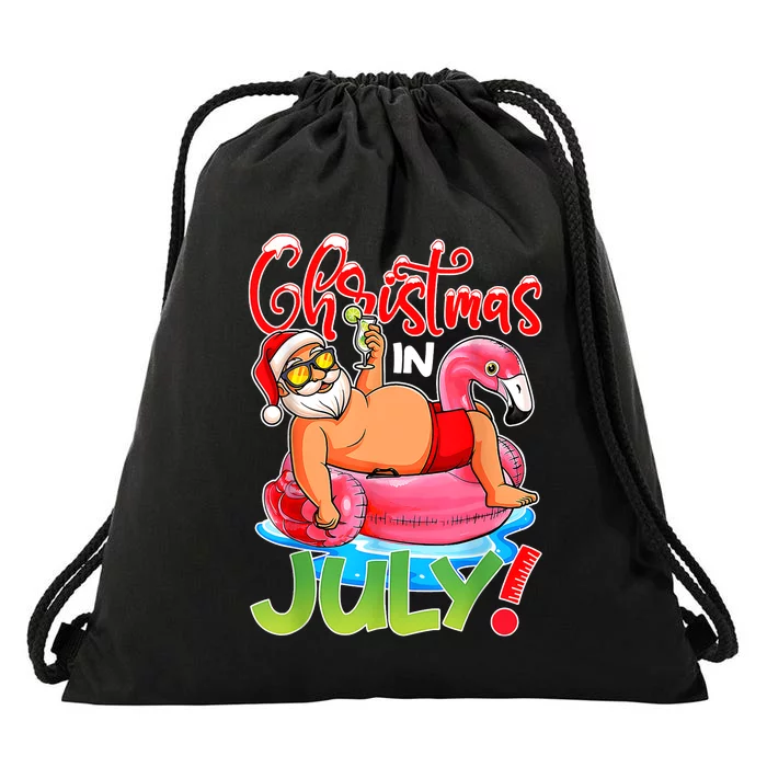 Funny Santa Flamingo Float Christmas In July Summer Vacation Drawstring Bag