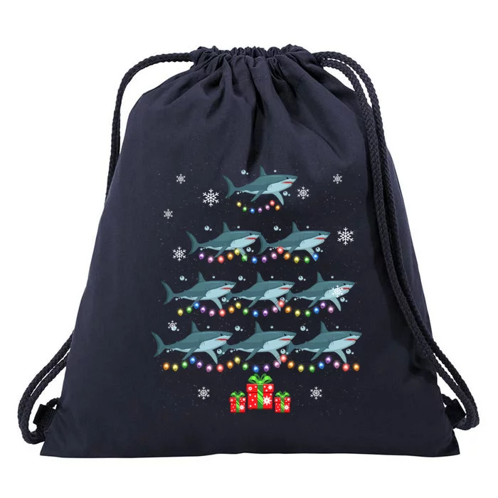 Funny Shark Fish Xmas Lighting Tree Santa Shark Christmas Meaningful Gift Drawstring Bag