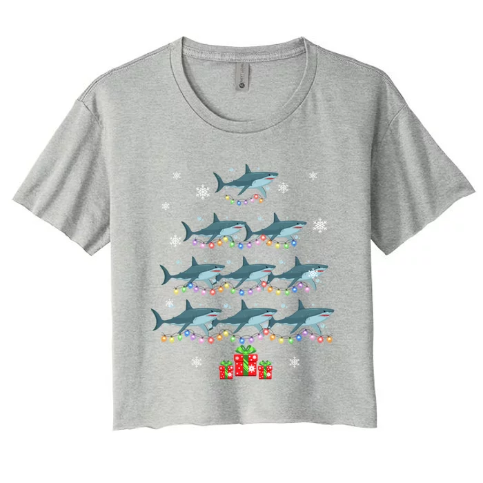 Funny Shark Fish Xmas Lighting Tree Santa Shark Christmas Meaningful Gift Women's Crop Top Tee