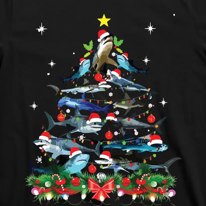 Funny Shark Fish Xmas Lighting Tree Santa Shark Christmas T-Shirt