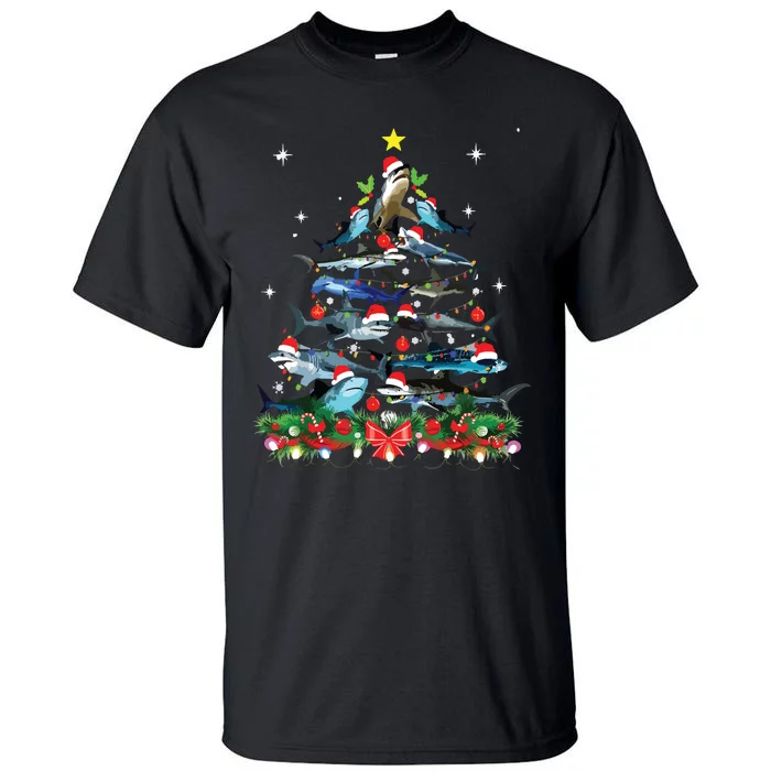 Funny Shark Fish Xmas Lighting Tree Santa Shark Christmas Tall T-Shirt