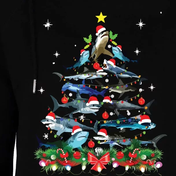 Funny Shark Fish Xmas Lighting Tree Santa Shark Christmas Womens Funnel Neck Pullover Hood