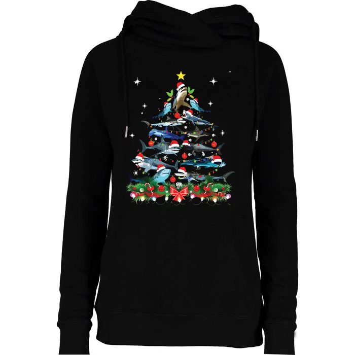 Funny Shark Fish Xmas Lighting Tree Santa Shark Christmas Womens Funnel Neck Pullover Hood