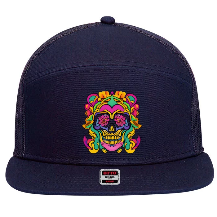 Floral Skull Flowers At Skull Skeleton Halloween Portrait 7 Panel Mesh Trucker Snapback Hat