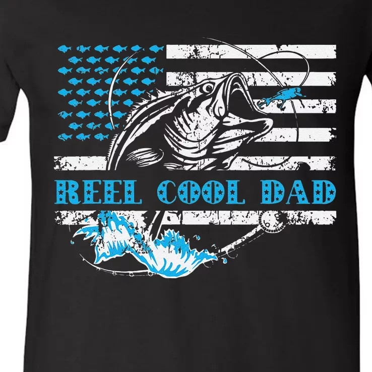 Fishing Stuff For Fathers Day Reel Cool Dad American Flag V-Neck T-Shirt