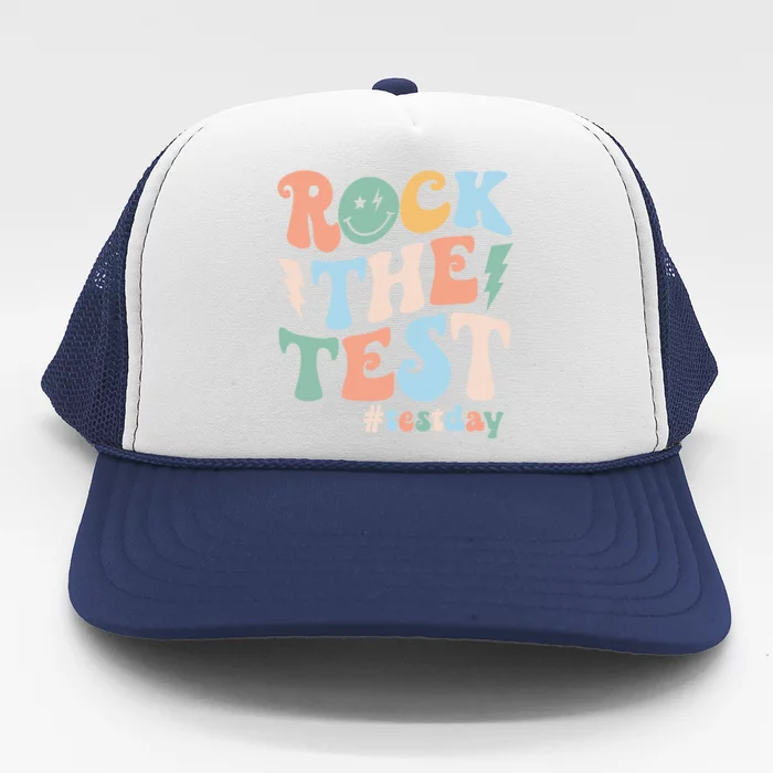 Funny Smile Face Test Day Rock The Test Motivational Student Trucker Hat