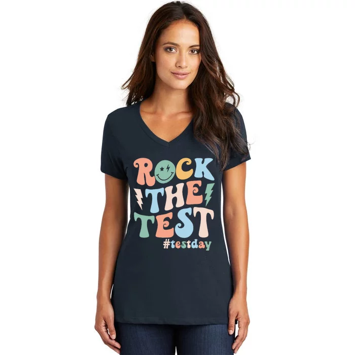 Funny Smile Face Test Day Rock The Test Motivational Student Women's V-Neck T-Shirt