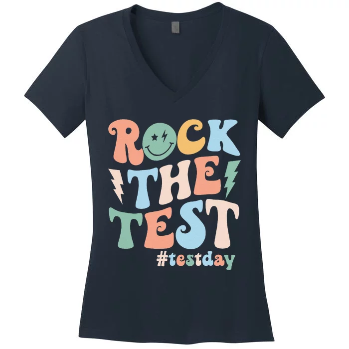 Funny Smile Face Test Day Rock The Test Motivational Student Women's V-Neck T-Shirt