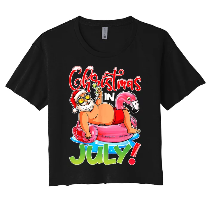 Funny Santa Flamingo Float Christmas In July Summer Vacation Women's Crop Top Tee