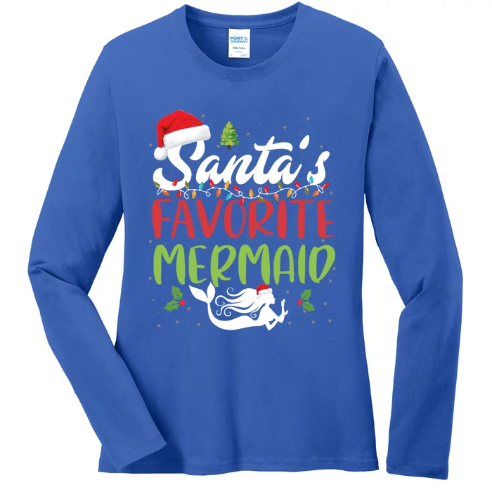 Funny SantaS Favorite Mermaid Christmas Santa Hat Lights Gift Ladies Long Sleeve Shirt