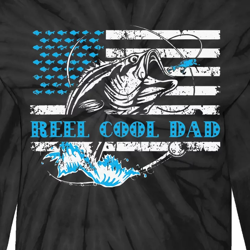 Fishing Stuff For Fathers Day Reel Cool Dad American Flag Tie-Dye Long Sleeve Shirt