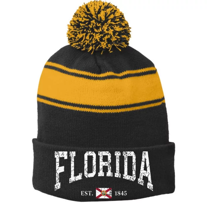 Florida State Flag Distressed Stripe Pom Pom Beanie