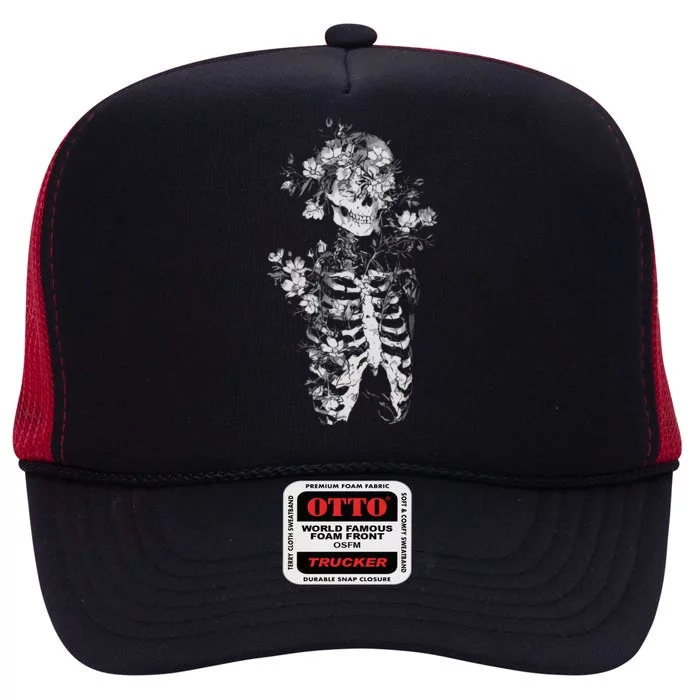 Floral Skeleton Flowers Goth Occult Death Dark Alt Aesthetic High Crown Mesh Trucker Hat