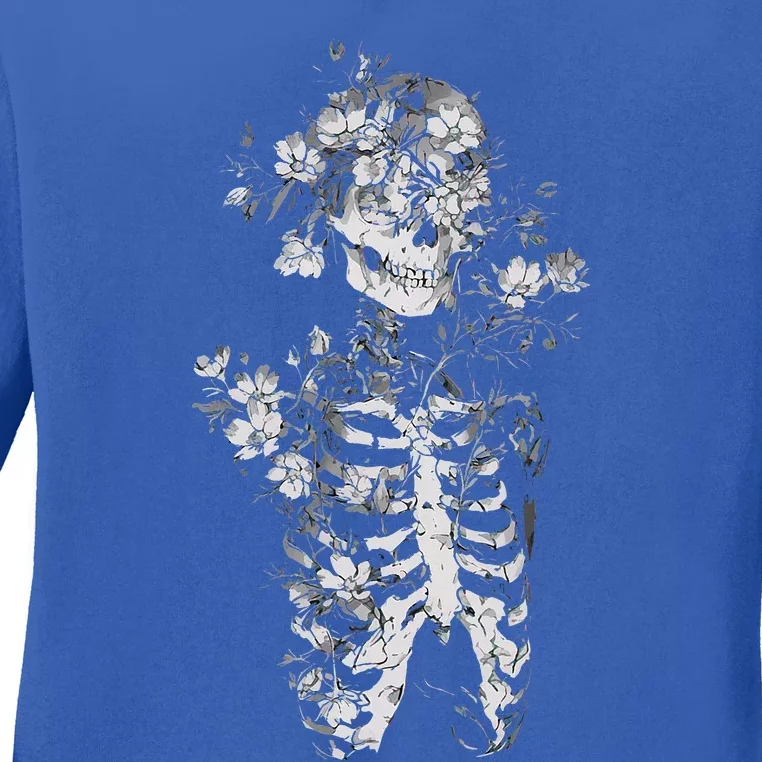 Floral Skeleton Flowers Goth Occult Death Dark Alt Aesthetic Ladies Long Sleeve Shirt