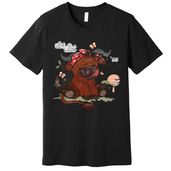 Funny Scottish Farmer Farm Animal Bandana Cute Highland Cow Premium T-Shirt