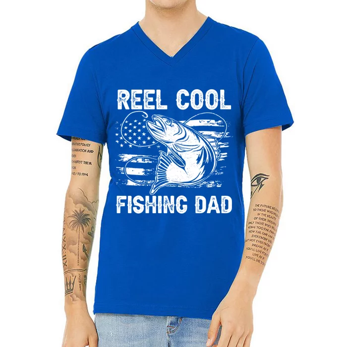 Fishing Stuff For Fathers Day Reel Cool Dad American Flag Meaningful Gift V-Neck T-Shirt